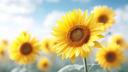 Obraz premium In a cheerful and sunny natural setting, golden sunflowers with green leaves surround a vivid blue sky, with the flowers' bright yellow petals fully open