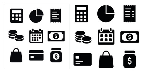 Finance and budgeting solid icons set &ndash; flat, filled, economy and money visuals