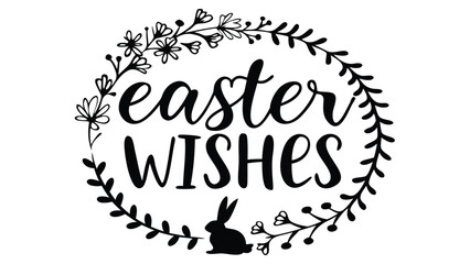 Easter wishes text surrounded by a floral wreath with a small bunny silhouette at the bottom center area