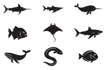 Sea Creature Silhouette Vector Set, Marine Animal Icons Collection in Black