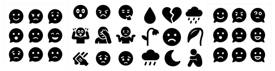 Emotion and weather solid icons set – sad, silhouette, mood and climate symbols