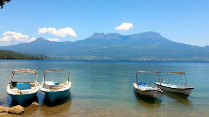 Calm lake scene with small boats and mountains