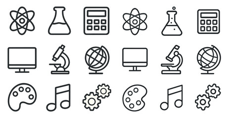 Science and education outline icons set – linear, flat, academic symbols