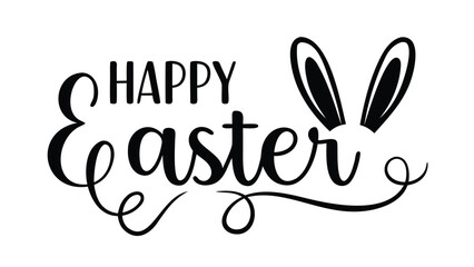 Happy easter text with bunny ears and flourish design in black and white for easter celebration design