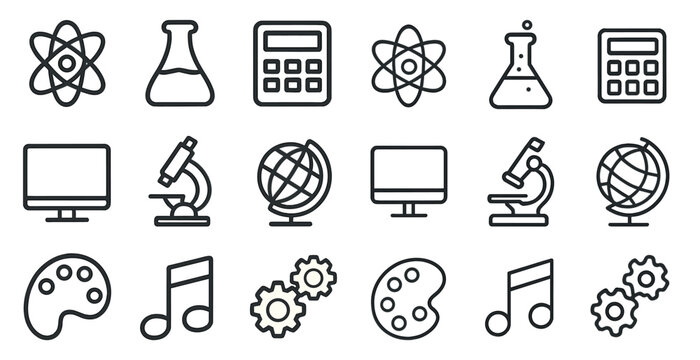 Science and education outline icons set – linear, flat, academic symbols