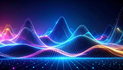 Abstract glowing landscape with data points, visualizing sound waves and modern technology.