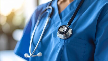 Close-up of a stethoscope resting on blue medical scrubs, symbolizing professional healthcare and medical tools.