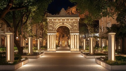 Obraz premium Nighttime view of ornate archway in a landscaped courtyard