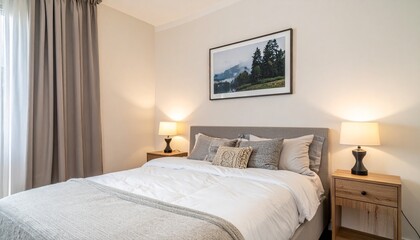 Peaceful Bedroom Space with Plush Bed, Nature-Inspired Framed Photograph, Cozy Lighting, and Minimalist Interior Charm
