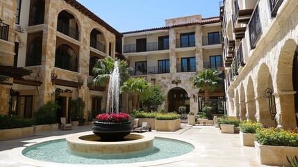 Naklejka premium Courtyard with fountain, arches, and buildings