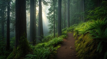 Obraz premium Misty forest trail bathed in sunlight