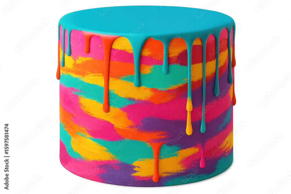Poster multicolored paint cascading down cylindrical surface, generating dynamic abstract pattern on transp