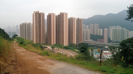 Fototapeta premium Dirt path winds upward, overlooking city high-rises