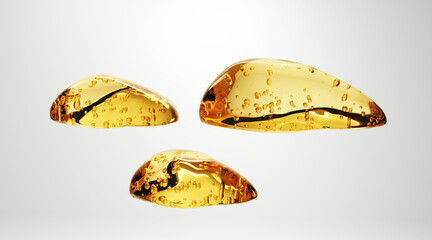 Golden serum drops with suspended bubbles, representing luxury skincare ingredients like collagen, vitamin C, or anti-aging essence. Perfect for cosmetic and organic beauty visuals.

