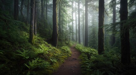 Obraz premium Misty forest trail through ferns