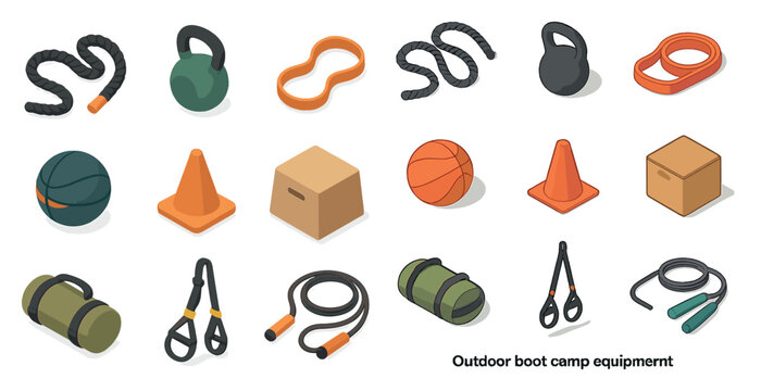 Fitness and exercise icons set – isometric, line, gym and workout equipment collection