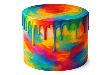 Rainbow-colored icing dripping down a vibrant, colorful cake, isolated on a transparent background, creating a visually appealing treat
