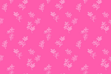 Seamless vector pattern featuring minimalist line-drawing leaves arranged on a vibrant pink background. Plain nature ornament for textiles, wrapping paper, wallpapers, branding designs.
