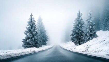 Fototapeta premium Through a dense forest, a path covered in snow leads, surrounded by trees with snow-heavy branches, creating a peaceful winter setting, and with fog hanging in the distance, the atmosphere remains