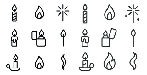 Candle and fire icons set &ndash; outline, linear, flame and light symbols