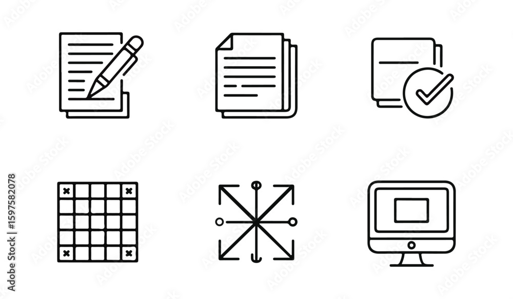 Poster set of six black line art icons on white background including writing document checkmark computer gr
