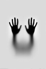Silhouette of hands pressed against a frosted surface. The shadows create a sense of mystery and depth.