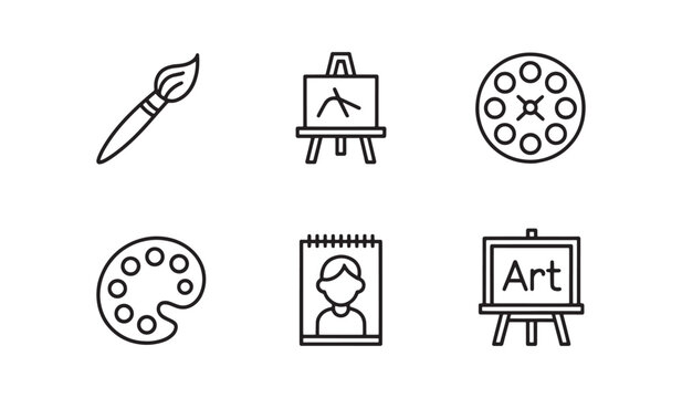 Set of six black line art icons related to painting and art creation artist brush