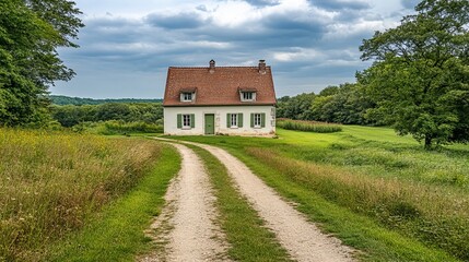 Fototapeta premium Quaint white cottage nestled in a grassy field, approached by a dirt road