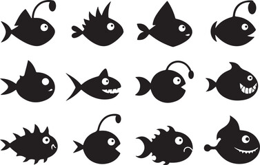 Vector art of a collection of stylized black fish icons on a white backdrop