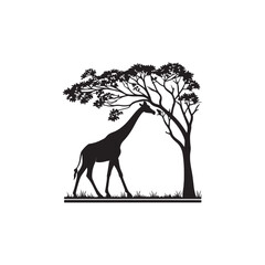 Vector art of a giraffe standing near a tree in silhouette isolated on white background