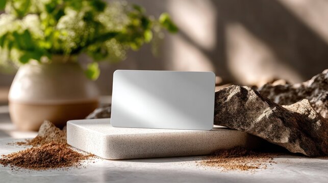Clean loyalty card mockup on cracked stone surface, fine herbal powder sprinkled around, warm directional afternoon light from right, centered blank card with rustic vibe, no text