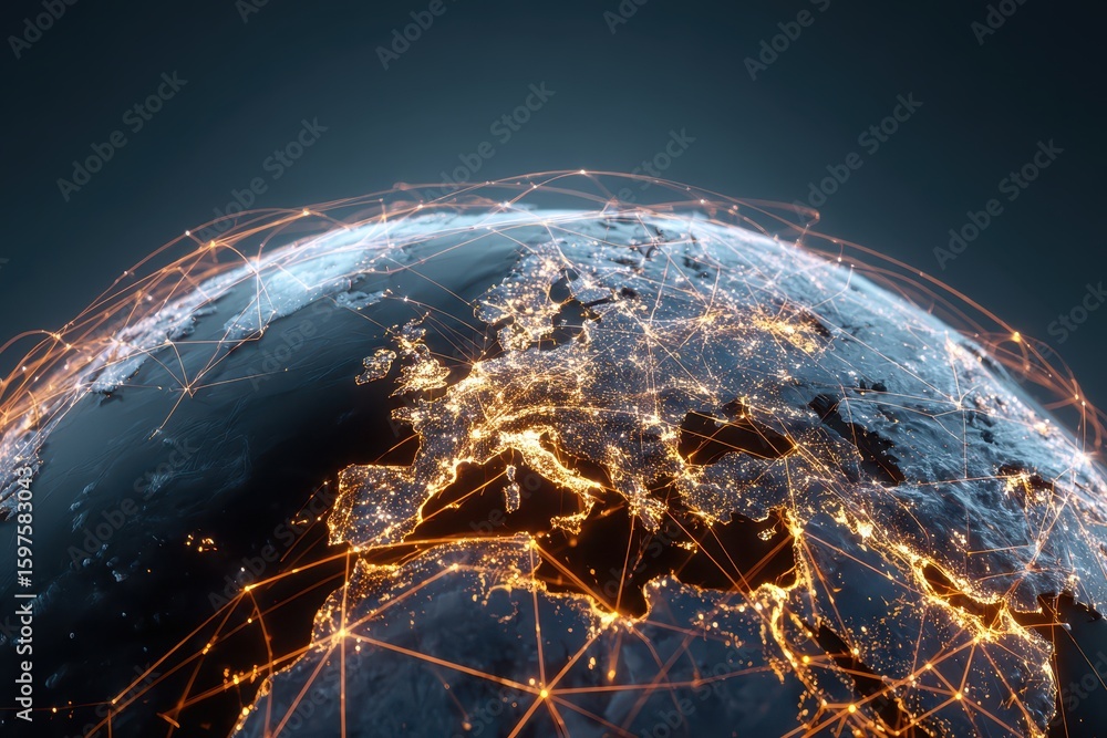Poster europe at night with interconnected lines showing global network, use in tech