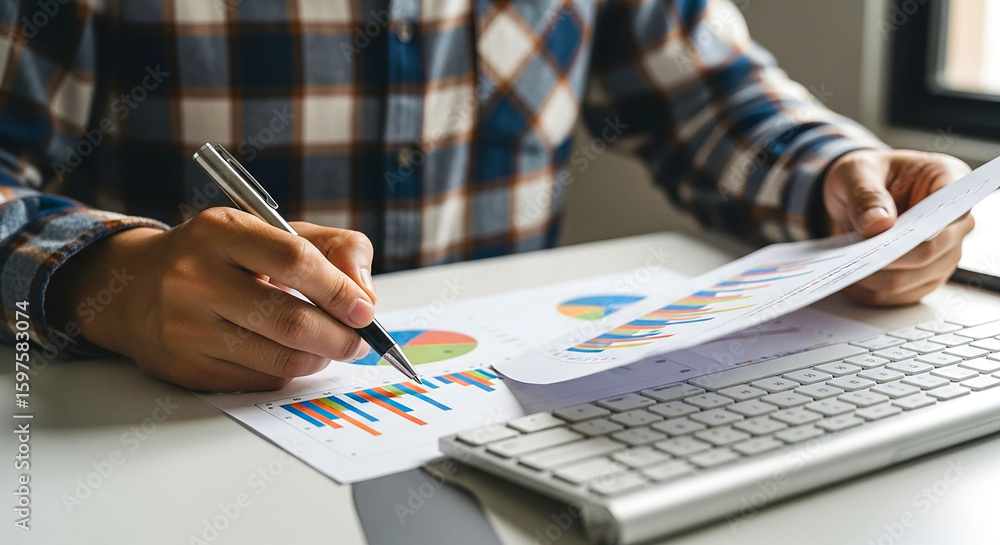 Poster person analyzing charts and graphs with a pen near a keyboard in an office setting well lit