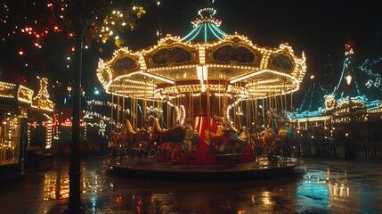Illuminated carousel at night, wet ground, festive lights