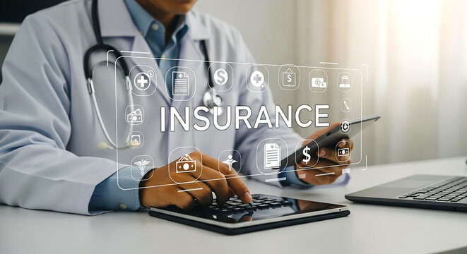 A doctor calculating insurance costs with a tablet and laptop on a white table in bright light