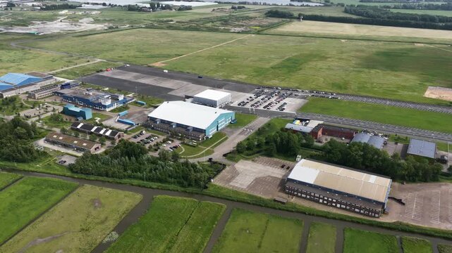 Theather at former millitary airfield base, Valkenburg between Wassenaar, Katwijk and Leiden. The Netherlands. Aerial video.