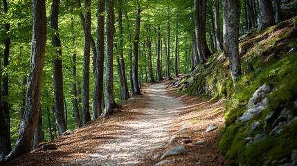 Sunlit forest path winding through trees