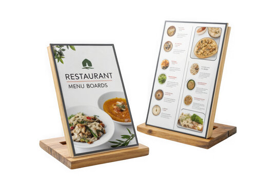 Two restaurant menu stands with food pictures isolated on transparent background