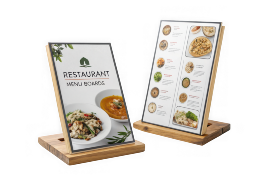 Two restaurant menu stands with food pictures isolated on transparent background