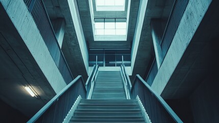 Interior concrete staircase leading upwards to a multi-level structure with skylights