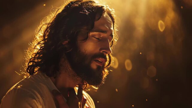 Portrait of Jesus gazing upward with light illuminating his face in a moment of reflection, portrait of Jesus looking up at the heavens with a single light ray from above illuminating his face