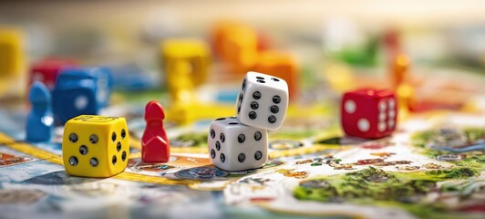 The colorful game pieces and dice on a vibrant board game layout.