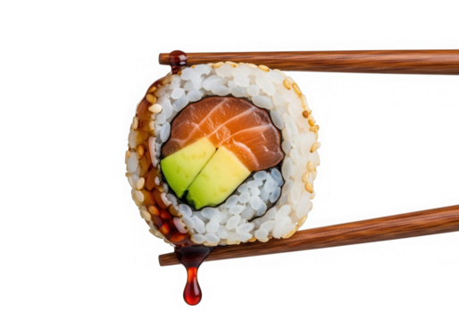 Delicious sushi roll with salmon and avocado on chopsticks isolated on transparent background