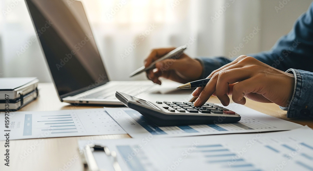 Poster a person using a calculator and a pen while working on a laptop with financial documents nearby