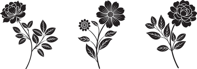 Vector art of three black and white floral vector illustrations isolated on white background