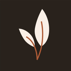 Minimalist plant leaf icon with two beige leaves and brown stems on dark background. Flat vector illustration. Botanical and nature concept