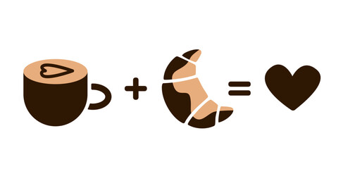 Cup of coffee and croissant icon combination forming heart symbol. Flat vector illustration in brown color. Food and drink love concept.