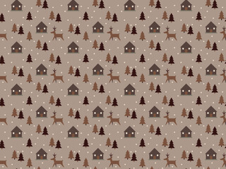Vector art of seamless winter pattern with deer houses and trees on a beige background