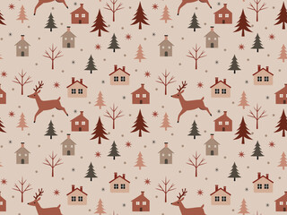 Vector art of a festive winter pattern of deer houses and trees on a beige background