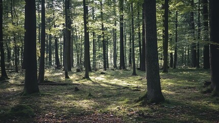 Fototapeta premium Sunlight filtering through a dense forest